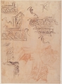 Studies of Architectural Moldings, of the Virgin and Child with a Kneeling Saint, and of Two Angels Supporting Frames (recto); Studies for Architectural Mouldings (verso), Baldassarre Franceschini (il Volterrano) (Italian, Volterra 1611–1690 Florence), Pen and brown ink, red chalk, a little black chalk (recto); further studies of moldings in red chalk and pen and brown ink (verso)
